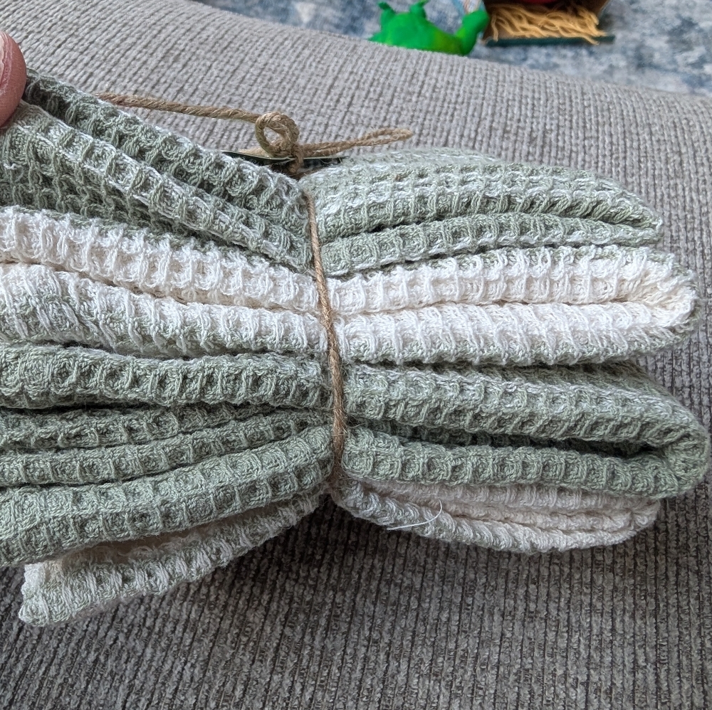 Figment Set Of 4 Dishcloths 100% Cotton Sage Green Cream 12x12" NWT - Picture 3 of 4